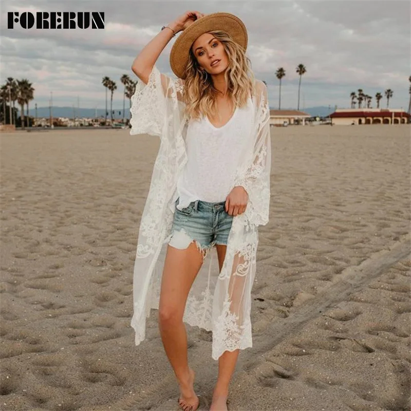 

FORERUN Sexy See Through Lace Swimsuit Cover Up Women Loose Kimono Summer Beach Dress Cover Ups Pareos De Playa Mujer