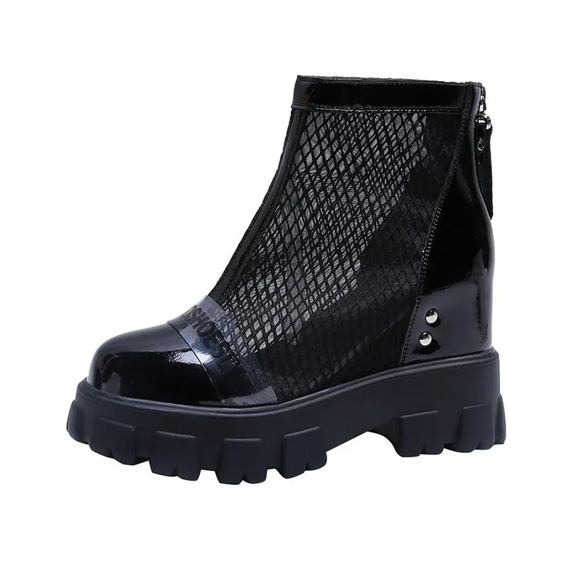 

Women's Mesh Ankle Boots Summer Round Toe Casual Boot Breathable Sweet Lady Stylish Sexy High Heel Shoes Zippers Hollow