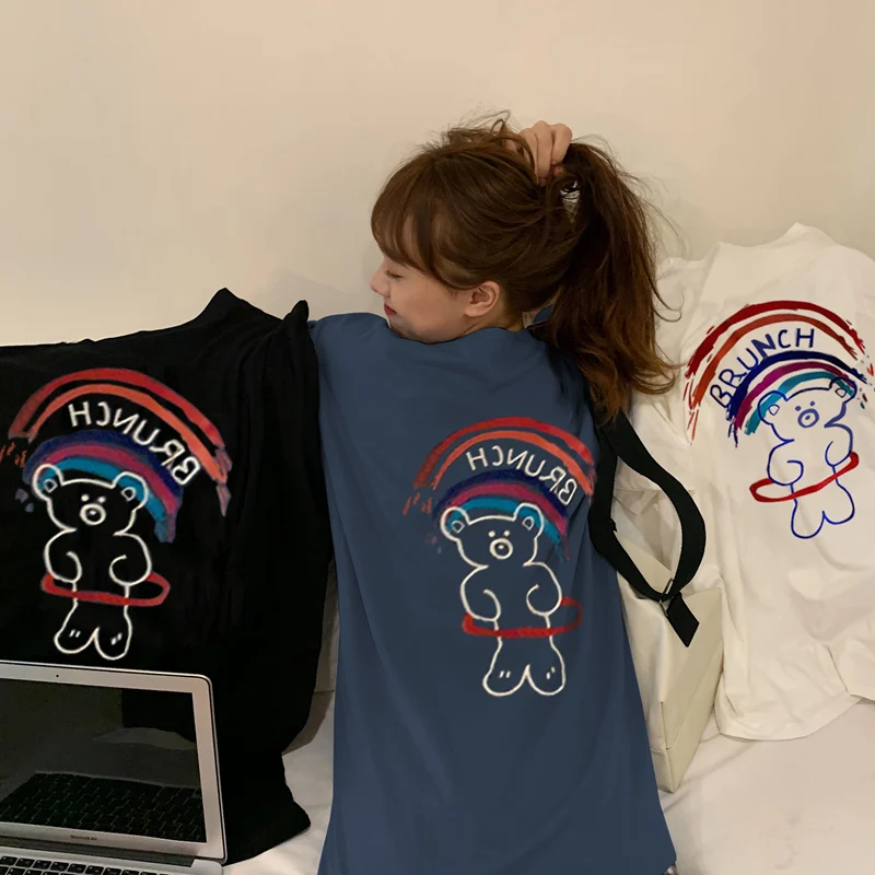 

Женская футболка с коротким рукавом, свободная футболка в винтажном стиле с изображением медведя, топ в Корейском стиле Харадзюку с необычн...