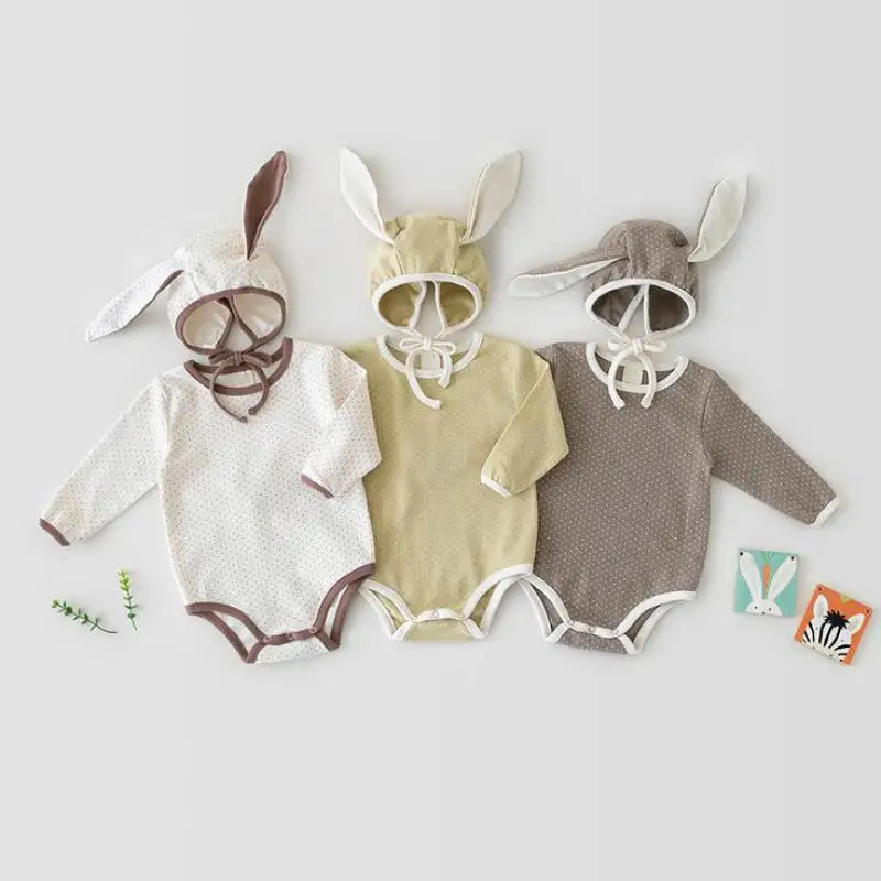 

2021 Autumn New Baby Long Sleeve Bodysuit Boys And Girl Cute Dot Print Jumpsuit Cotton Newborn Bodysuit With Bunny Ears Hat