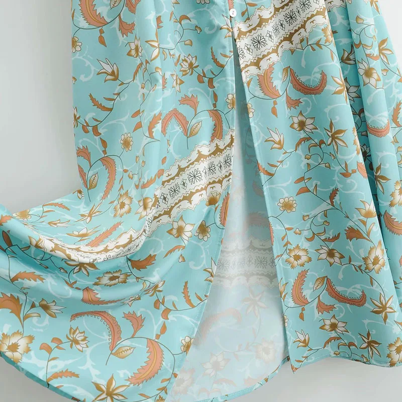 

Refreshing Sweet Blue Printed V-neck Short Sleeve Dress Women's New Elastic Waist Slim Single Breasted Chic Female Dresses