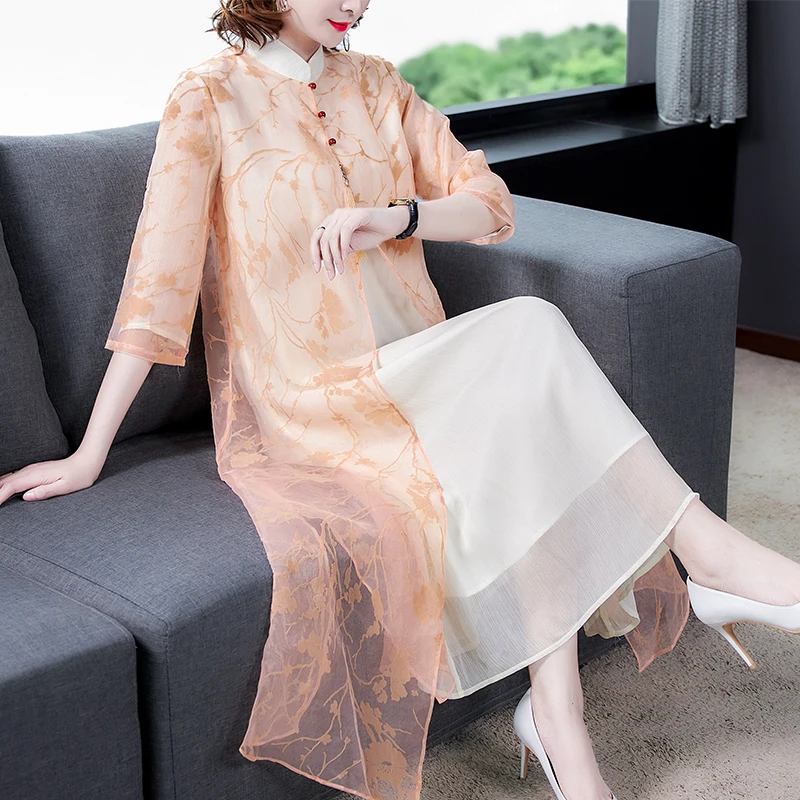 Платье в китайском стиле для женщин длинное летнее платье с длинным рукавом