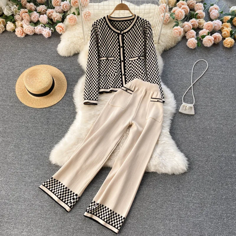 

Fall Korean Fashion Casual Knit Two Piece Set Women Sweater Cardigan Crop Top + Wide Leg Pant Suits Tracksuit Women 2 Piece Sets
