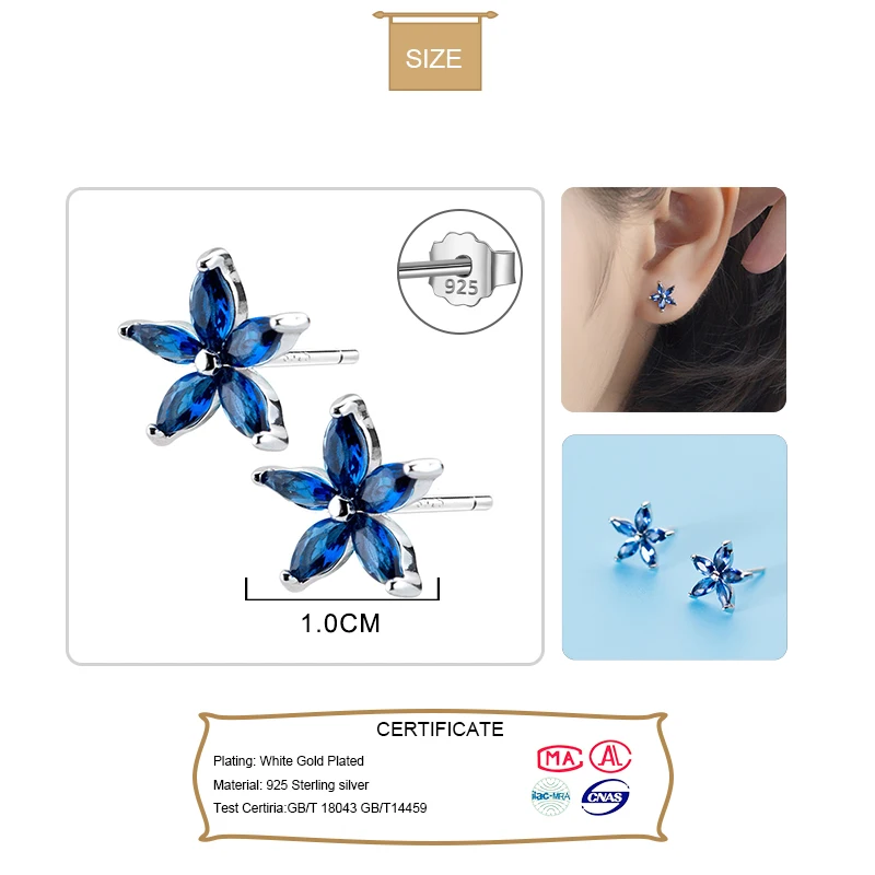 Женские серьги-гвоздики Trusta из серебра 100% пробы с голубыми цветами и фианитами