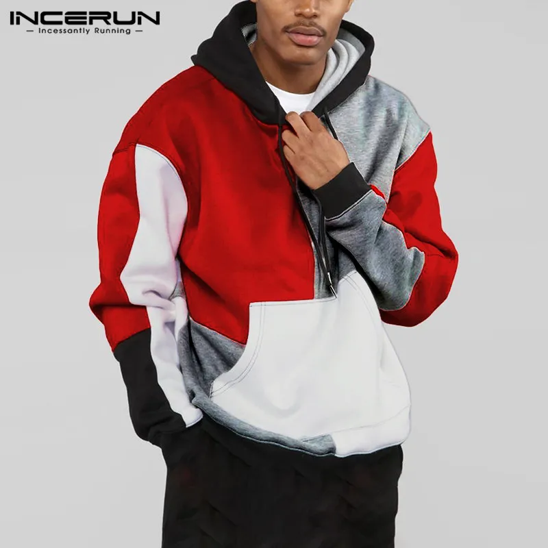 

Leisure Color Block Hoody INCERUN Men Sweatshirts Long Sleeve Hooded Pullovers Autumn Patchwork Hoodies Man Big Pockets Outwear