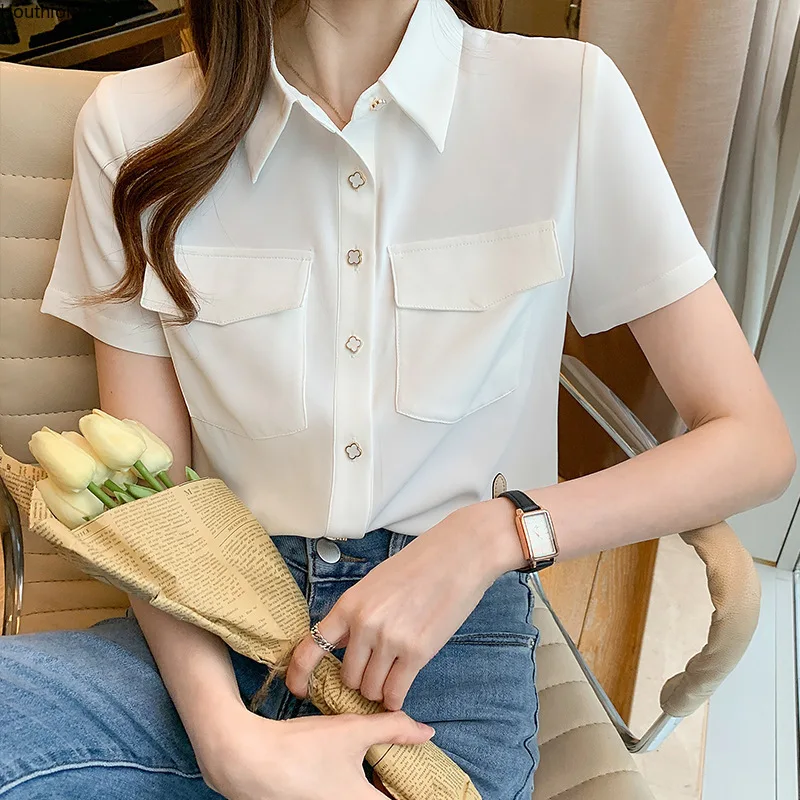 

Chiffon Loose Women's Blouses New Casual Polo Shirt Fashion Short Sleeve Top Solid Pocket Summer Lady Sexy Clothing Houthion