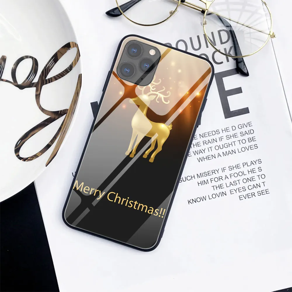 

Deer Case For iPhone 11 7 Case For iPhone XS 11 12 Pro MAX mini XR 8 6 6S Plus Phone Cases Back Tempered Glass Cover Christma