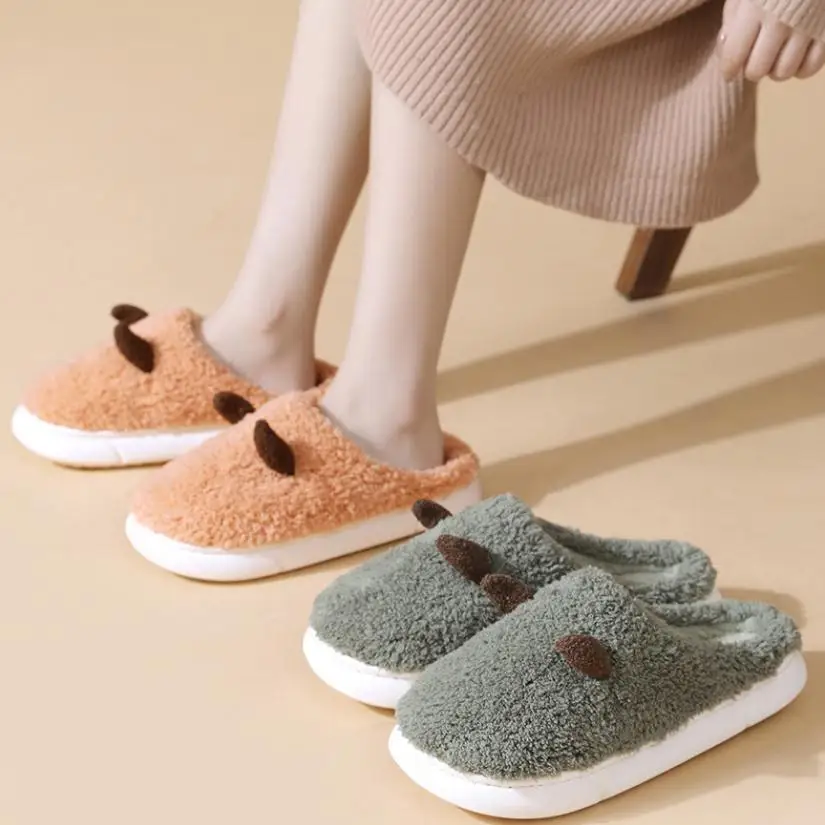 

2021 New Winter Warm Platform Slippers Women Men Home Floor Shoes Soft Plush Thick Sole Cute Cartoon Lovers Indoor Slipper