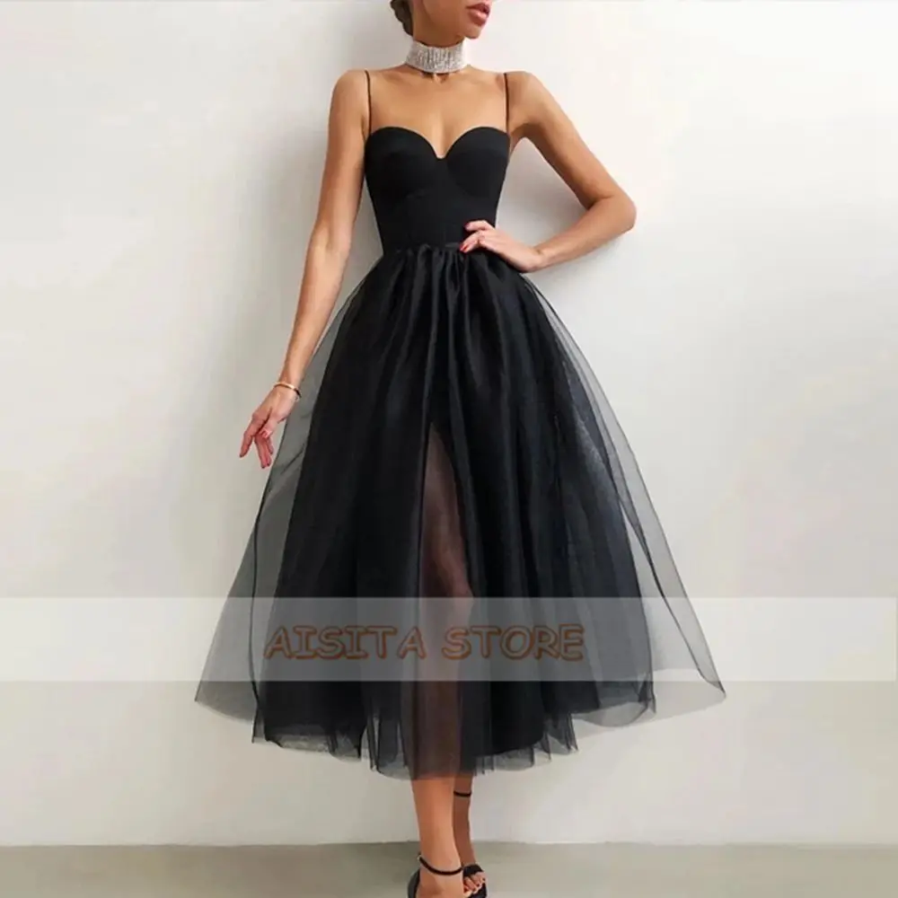 

Simple Short A Line Prom Dresses Side Split Spaghetti Straps Sweetheart Sleeveless Tea-Length Formal Evening Party Gowns Custom