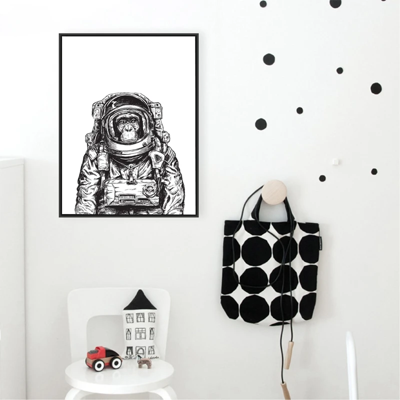Canvas Prints Pictures Wall Art Hand Drawn Black and White Monkey Astronaut Painting Home Decor Modular Nordic Poster Kids Room | Дом и сад