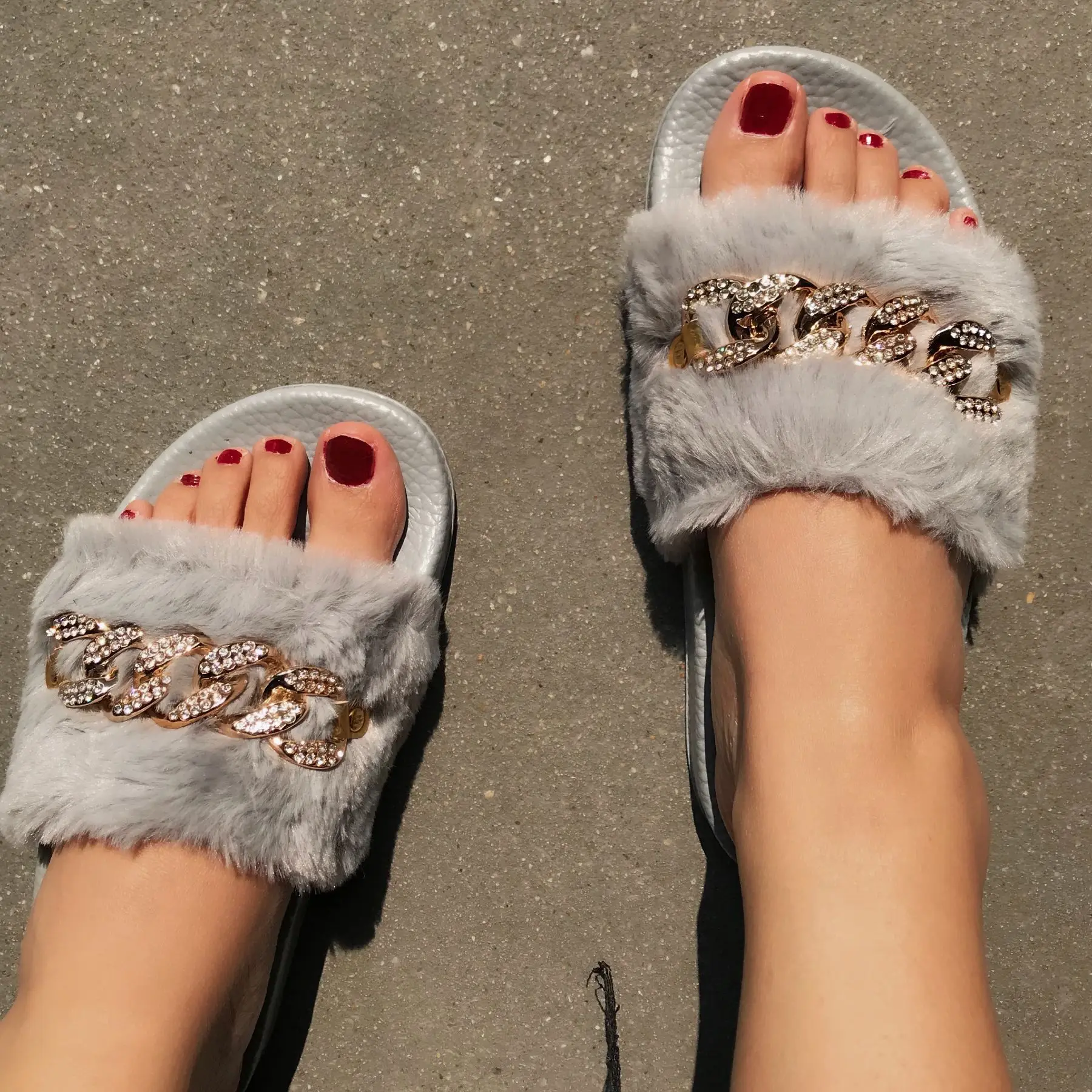 New Autumn Plush Slippers Fashion Open Toe Solid Color Women's Sandals Metal Chain Outdoor Casual Women's Shoes Plus Size