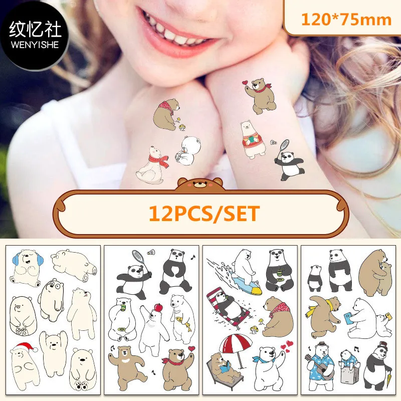 

12pcs Fake Tattoo Waterproof Cute Bear Panda Kids Tattoo for Hands Arm Leg Face Body Women Children Temporary Tattoo Sticker