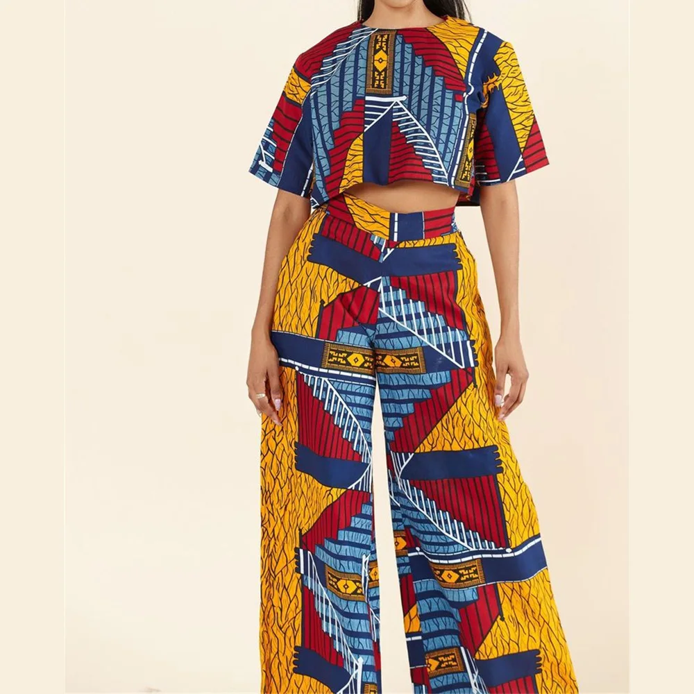 

Geometric Print 2 Piece Sets Womens Outfits Summer 2021 Ethnic Style T-shirt and Wide Leg Pants Suit Women Tracksuit Outfit