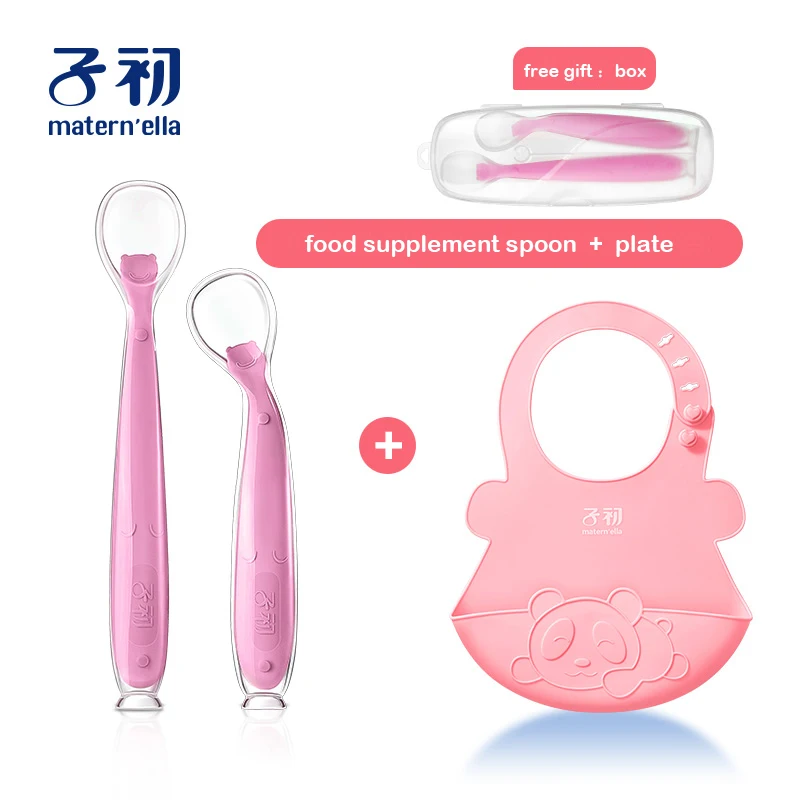 spoon bib Matern'ella, 2 шт.+ коробка, Детские Силиконовые ложки, посуда для кормления, посуда для детей, столовые приборы, силиконовая ложка - Цвет: spoon bib