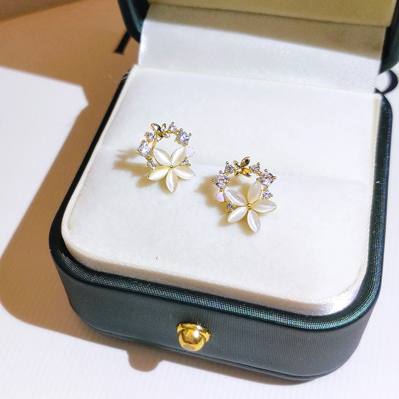 

925 Sterling Silver Needle Flower imitation cat's-eye earrings Women Exquisite Sweet Student Wedding Jewelry Girlfriend Gift