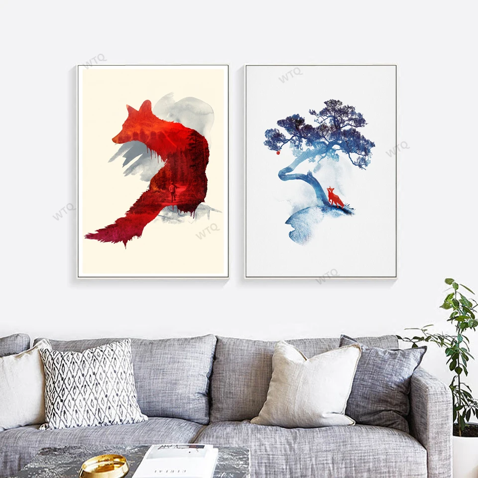 Картина на холсте WTQ искусство рисунок искусственной лисы иллюстрация дерева