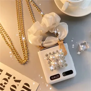 for samsung galaxy z flip 5g 4g 3 lady fashion bling diamond pearl bracket flower holder cross body long metal chain case cover free global shipping