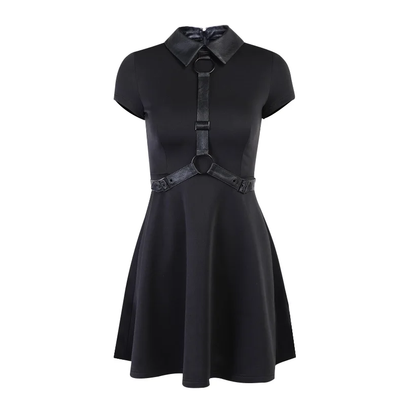 

InsDoit Punk Streetwear Gothic Black Dress Women Short Sleeve Shirt Collar A Line Dress Darkness Sexy Elegant Party Mini Dress