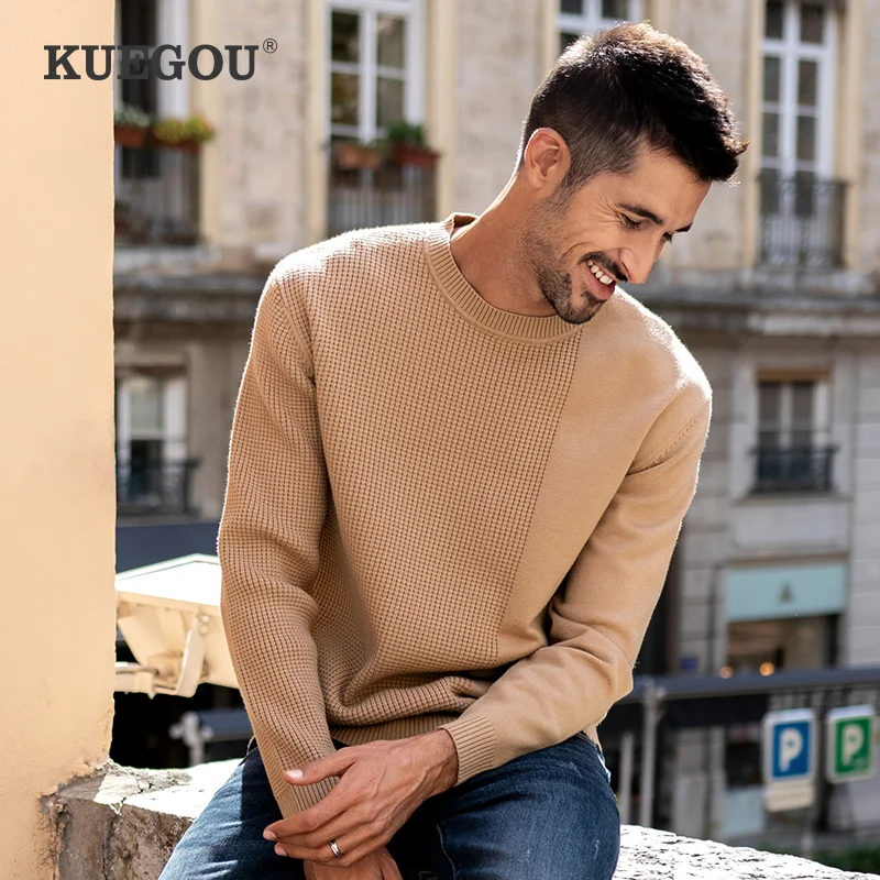 

KUEGOU Autumn Winter Clothing Men‘s Sweater Warm Pullovers Sweaters Khaki Man Knitted Jacquard Fashion Top Plus Size YYZ-2202