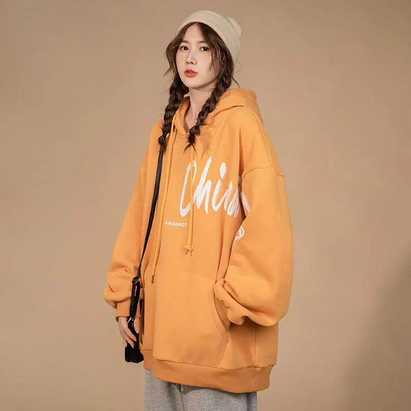 

Женская модель 2021, новое уличное пальто для пар, корейские свободные весенне-осенние Топы, толстовки средней длины с капюшоном и буквенным п...