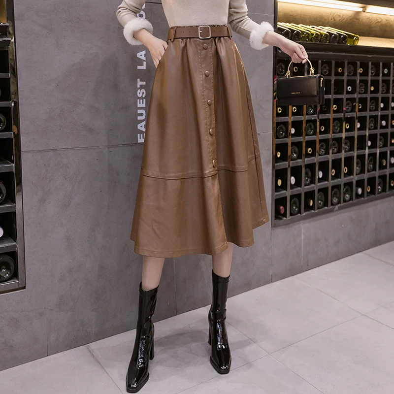 

2021 Fall New Western Style Fashion High Waist Slim All-match Women Belt Pu Leather Skirt Sexy Chic Breasted A-line Long Skirt