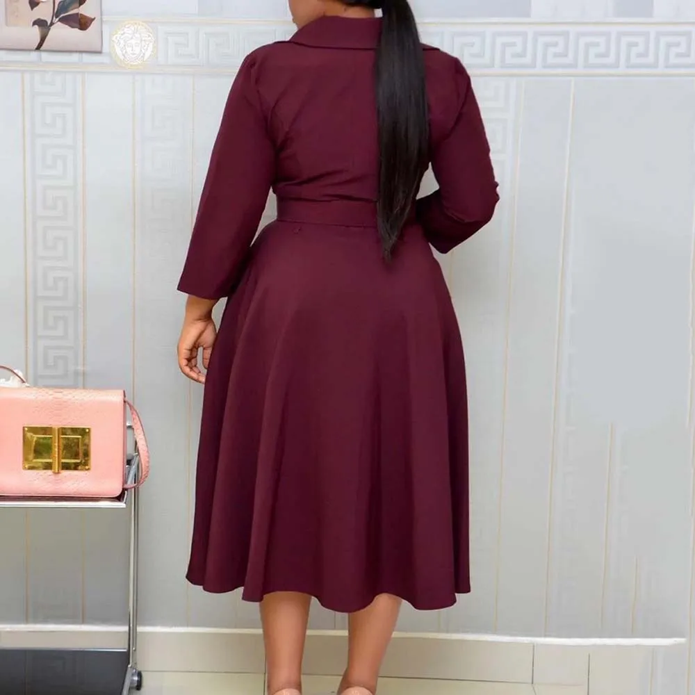 Женское офисное платье миди с глубоким V образным вырезом отложным воротником