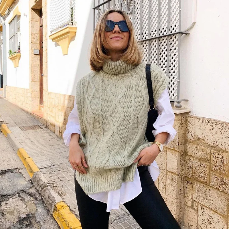 

2021 New Spring Women Tops Solid Knitted Sleeveless Turtleneck Sweater Vest Female Fashion Casual Women Clothes