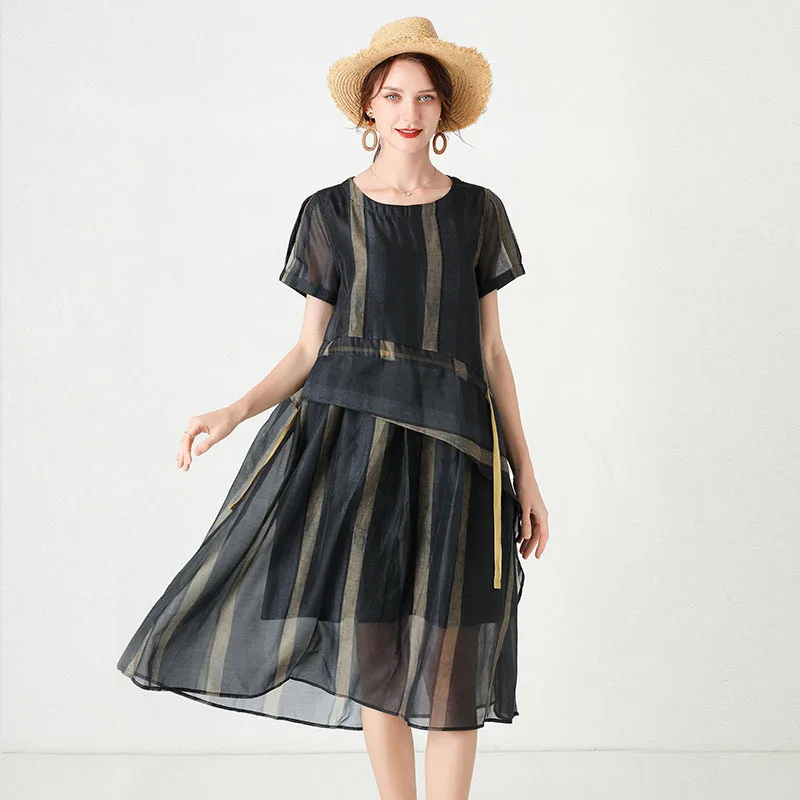 

Женское шелковое асимметричное платье, большого размера, в полоску, в западном стиле, лето 2021