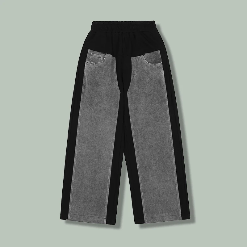 

Hip Hop Denim Patchwork Casual Pants Men's Harajuku Retro Streetwear Loose Wide Leg Pants 2021 autumn Oversized Joggers Trousers