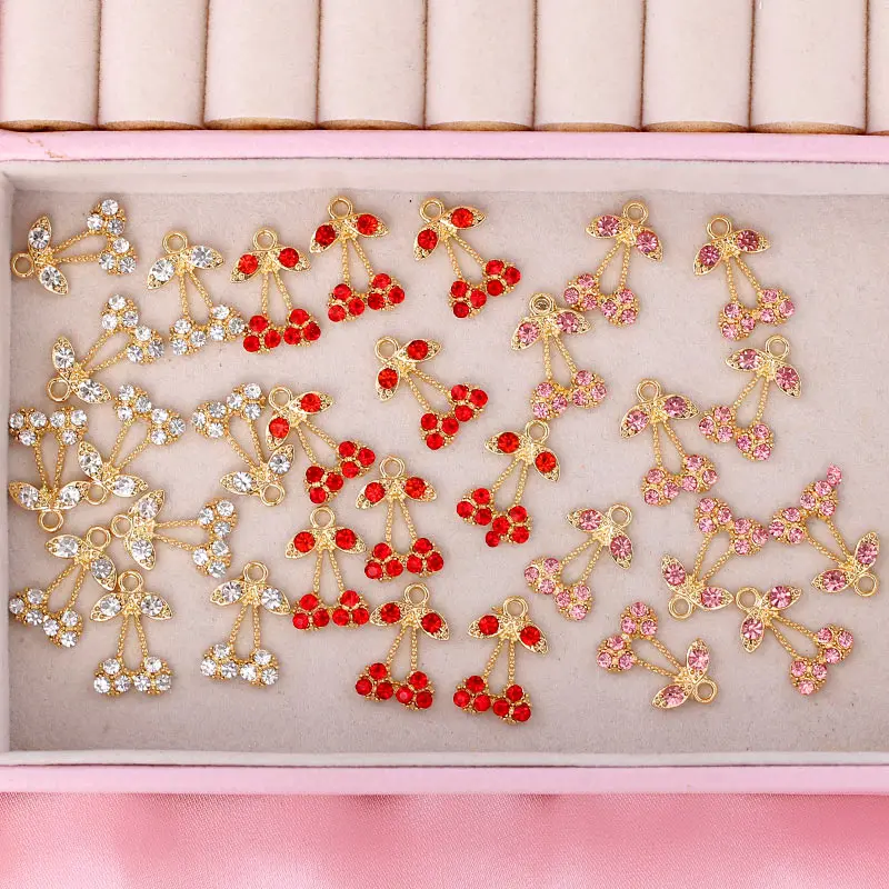 

10Pcs Colorful Crystal Cute Cherry Charms 18*12mm Golden Alloy Fruit Jewelry Charm For DIY Earrings Making Findings Accessories