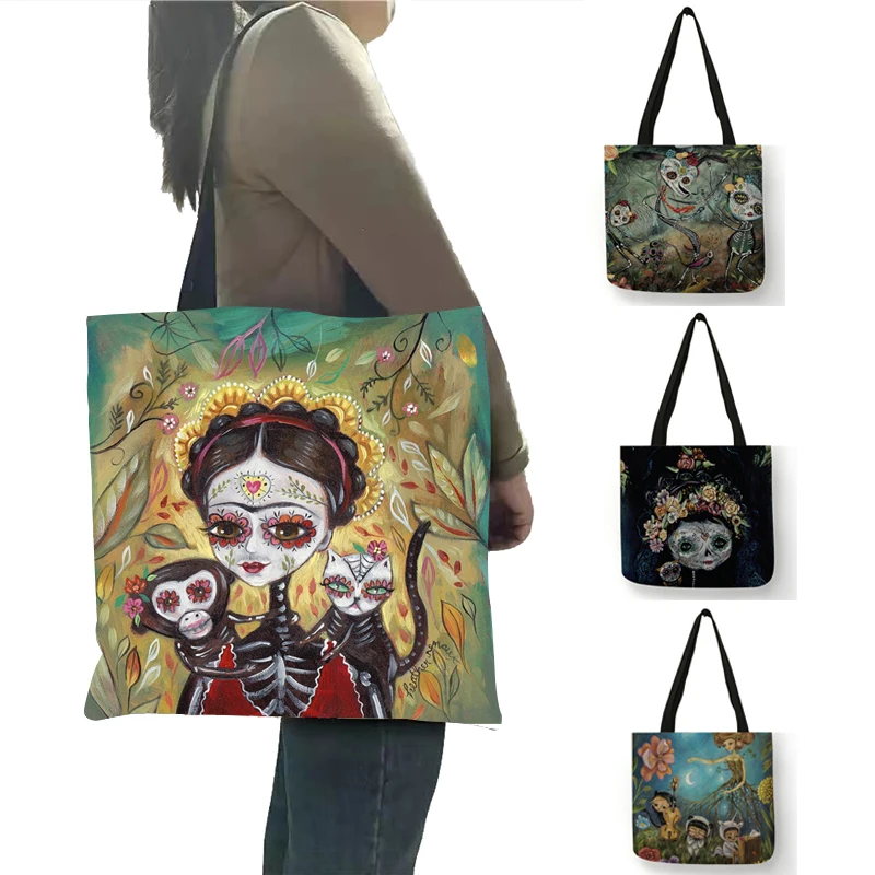 

Модная Льняная сумка-тоут с цветочным принтом и черепом, многоразовые сумки для покупок, складные Женские повседневные сумки, женские ткане...