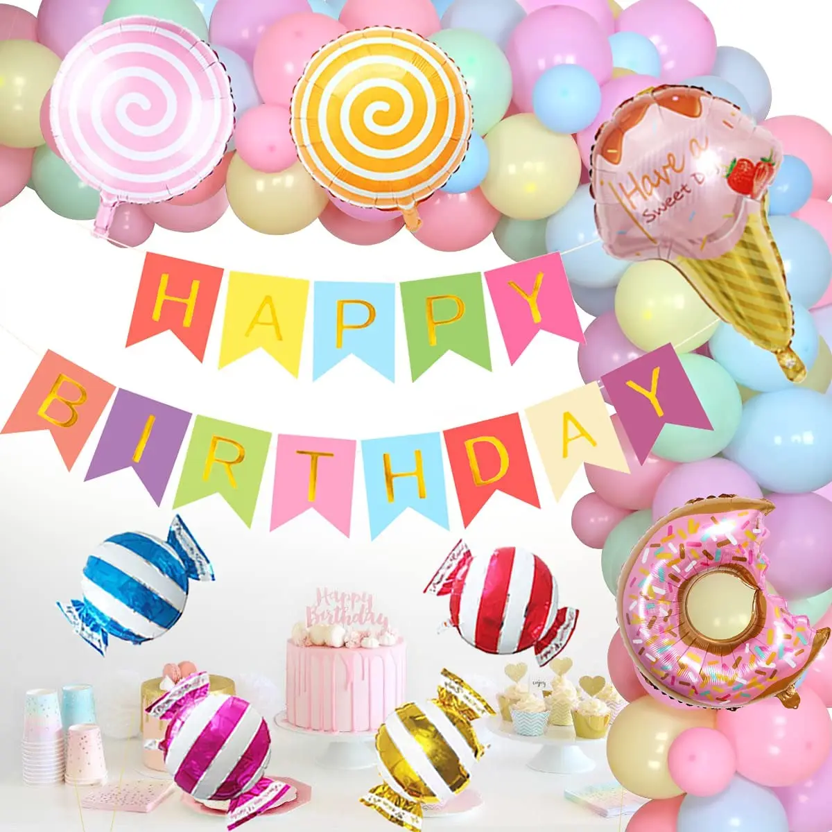 Decoraciones de fiesta de cumplea&ntilde;os de dulces para ni&ntilde;as, Kit de arco de guirnalda de globos de caramelo con pancarta de feliz cumplea&ntilde;os, donas de helado-0