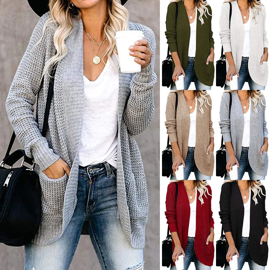 2020 Autumn/winter Women's Sweater Cardigan European/American Street Curved Placket Large Pocket Cardigan Sweters for Women