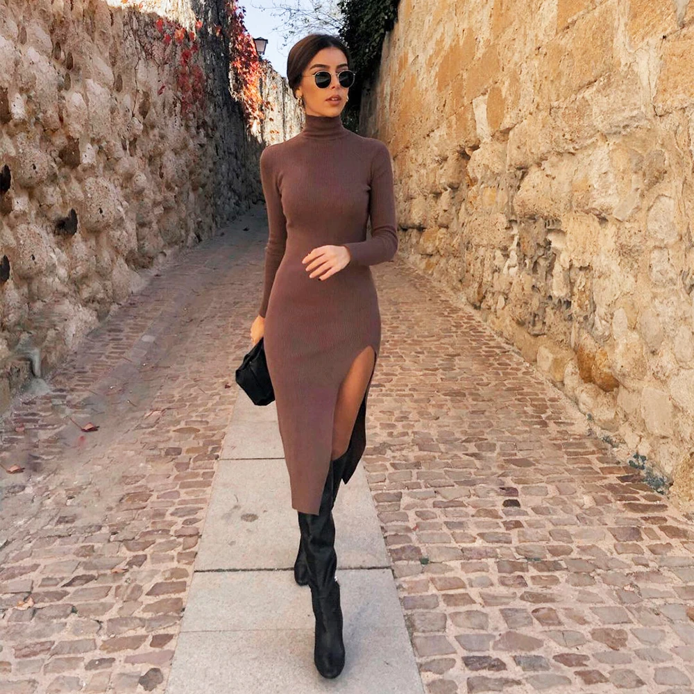 

2021 Dress Women Long Sleeves High-Neck Elastic Midi Dress Fashion Elegant Chic Lady Knit Sweater Dresses Women robe femme