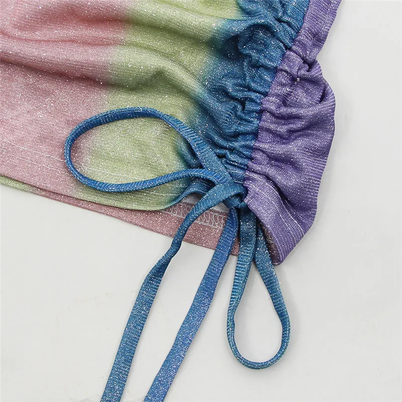 

Glitter Summer Sexy Bodycon Mini Dresses 2021NEW For Womens Rainbow Ruched Short skirt Sleeveless Backless Party Outfits