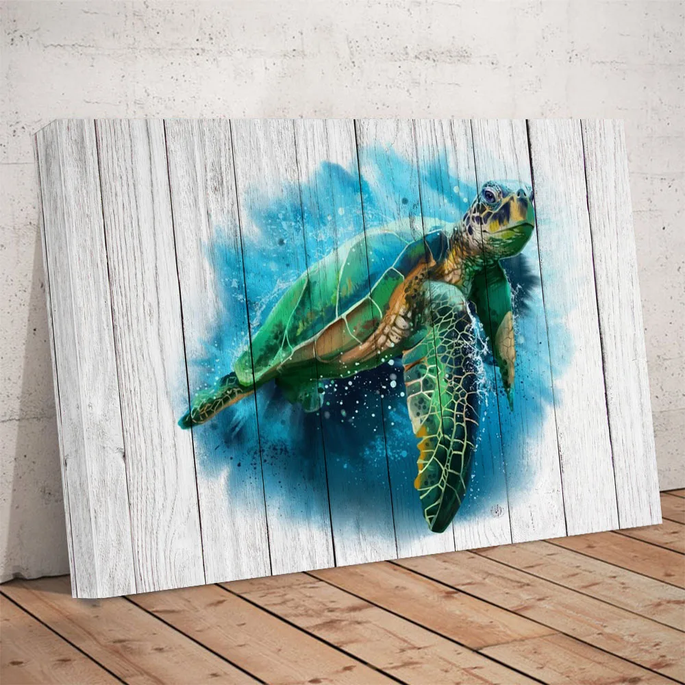 

Sea Turtle On Blue Sea Wood Background Watercolor Animal Canvas Painting HD Printed Wall Art Poster For Office Bedroom Decor