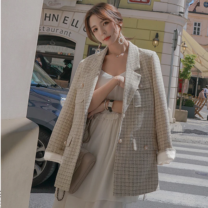 Куртка из твида абрикосовый плед осень / зима женская повседневная куртка с