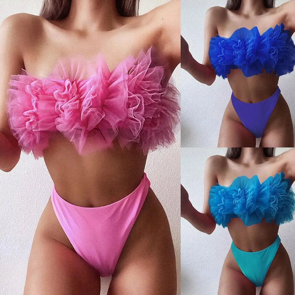 

Handmade Flowers Bikini Set Women Ruching Bum Low-waisted Swimsuit Piece Suit Girl Swimwear Two Beach Biquinis Bathing Swim B1U2