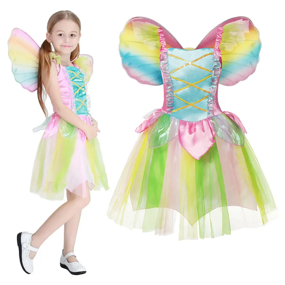 

Цветочное сказочное платье для девочек с радужными крыльями, детское бальное платье для хэллоуивечерние, Детские красочные костюмы для сце...