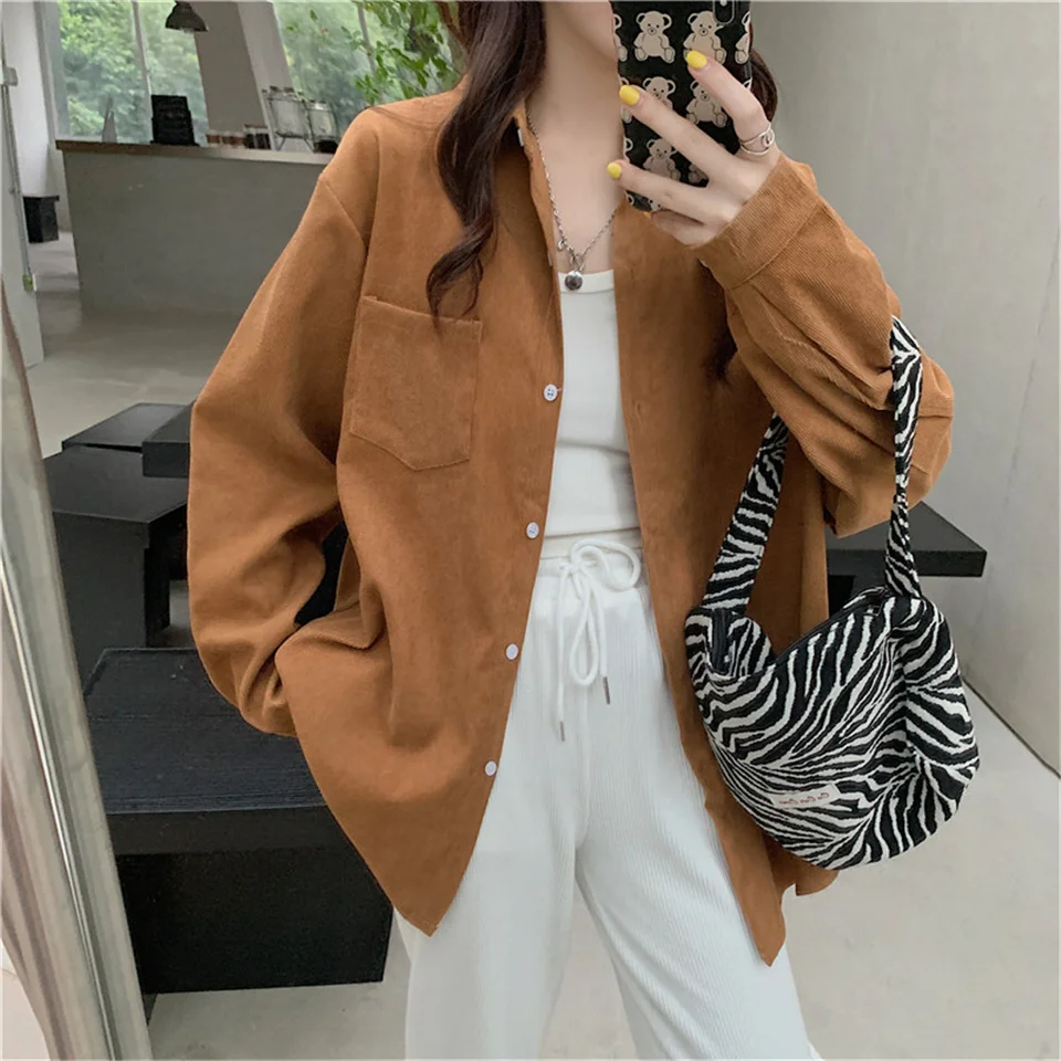 

Spring Fashion Retro Corduroy Loose Retro Shirts Blouse Tops Women Blouses Casual Solid All-match Leisure Shirt Blusas