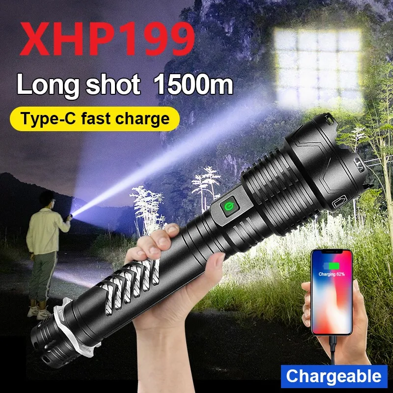 Самый мощный яркий светодиодный фонарик XHP199, перезаряжаемый тактический фонарь XHP160 XHP90, мощсветильник светодиодный фонарь с USB, охотничий фонарь - изображение