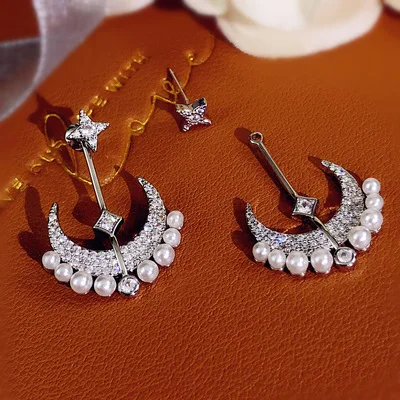

Серьги для женщин S925 Серебряные иглы, звезды и Луны, жемчуг, простые модные серьги, инкрустированные цирконием высококачественные ювелирны...