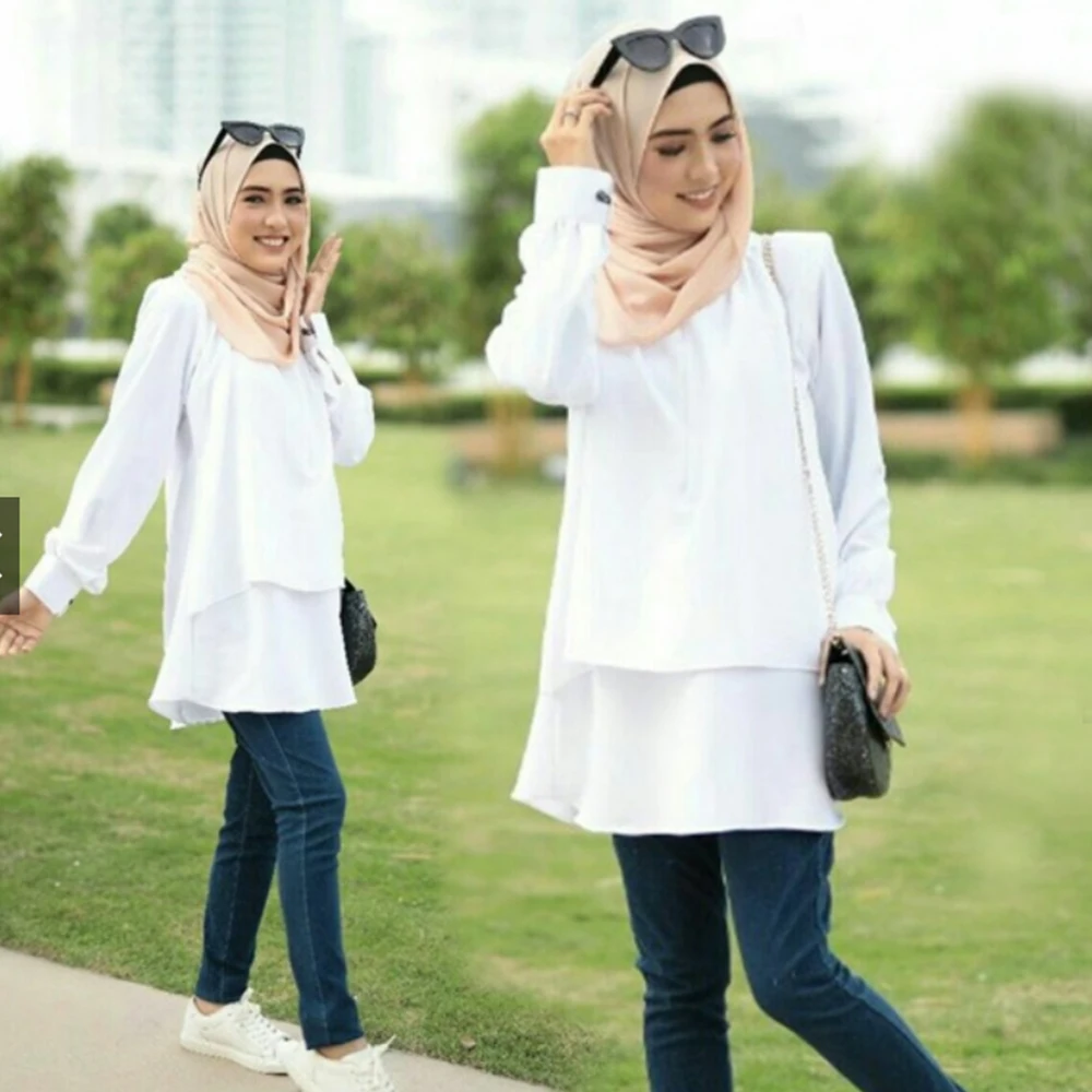 

Muslim fashion Women Tops White O neck Long Sleeve Solid pudding Blouses Green Fashion Casual Middle Eastern Malaysia Clothing