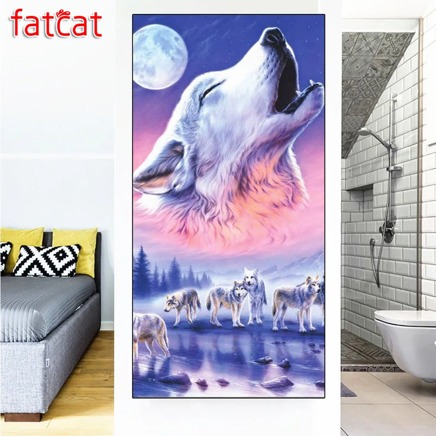 

Алмазная живопись с животными FATCAT Moon wolf, полноразмерная картина с круглыми стразами, 5d Вышивка, мозаика, рукоделие, домашний декор AE1699