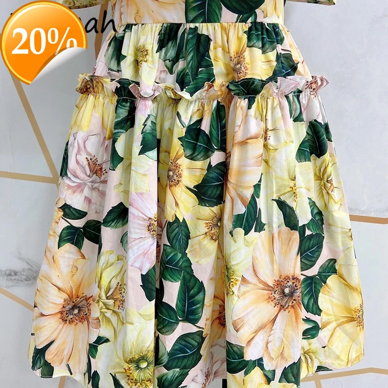 

Women Summer Fashion Designer Cotton Dress Spaghetti Strap Shoes Sasanqua Floral Printing Holidays A-Line Short dress