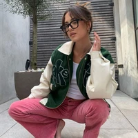house of grass green sunny jacket women pu leather coat baseball jackets outerwear top take a trip letter applique bomber jacket
