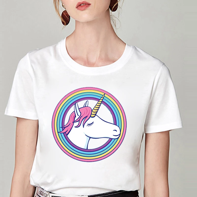 

Женская футболка с рисунком в виде радуги, единорога, мультяшных животных, в стиле 90-х, 2021