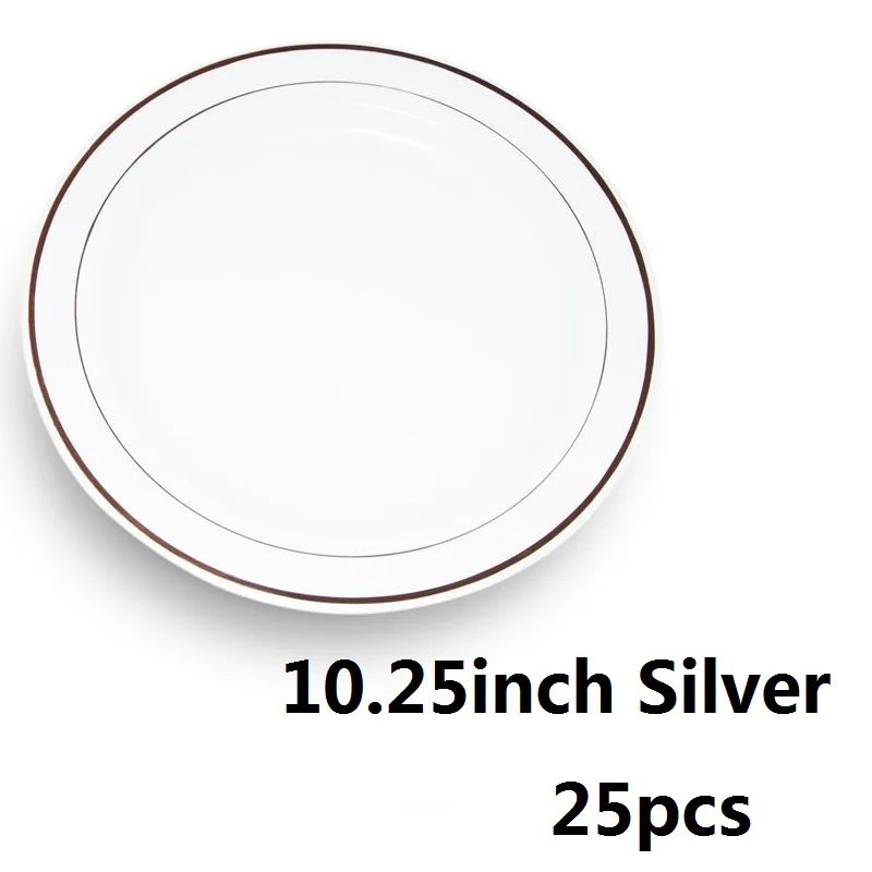 Silver 10.25in 25 шт., одноразовые пластиковые вечерние тарелки с золотым ободком, сверхпрочные тарелки, десертная закуска, поднос на свадьбу, день рождения, розовое золото - Цвет: Silver 10.25in