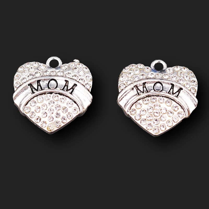 

2pcs Silver Plated Rhinestone *MOM*Heart Pendant Retro Necklace Earrings Metal Accessories DIY Charm Jewelry Crafts Making P781