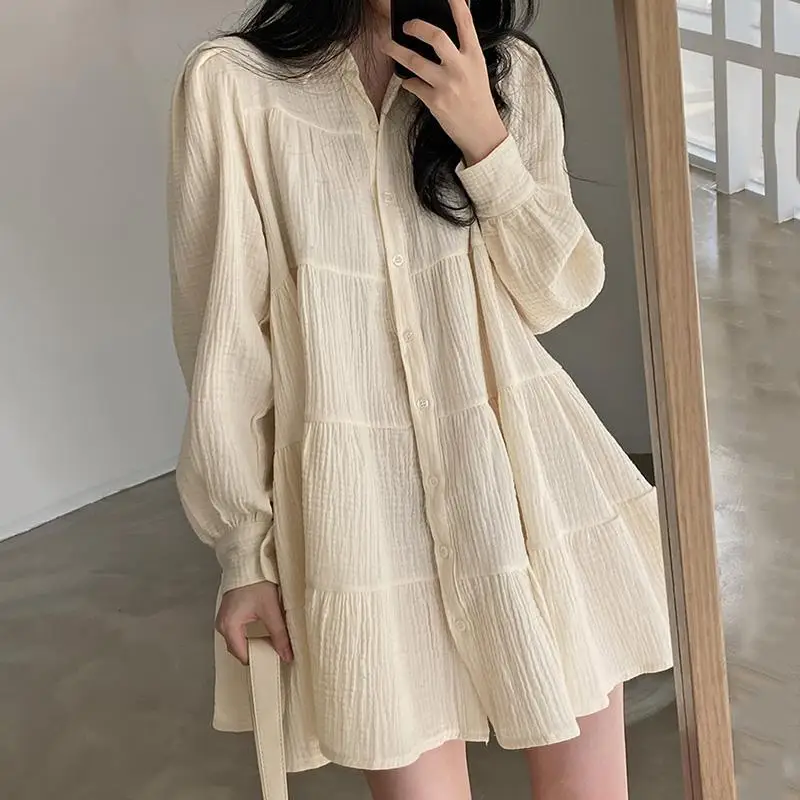 

QWEEK Kawaii Sleepwear Women Summer 2021 Nightgown Princess Dress Girls Long Sleeve Shirts Turn Down Collar Nightie Doll Skirt